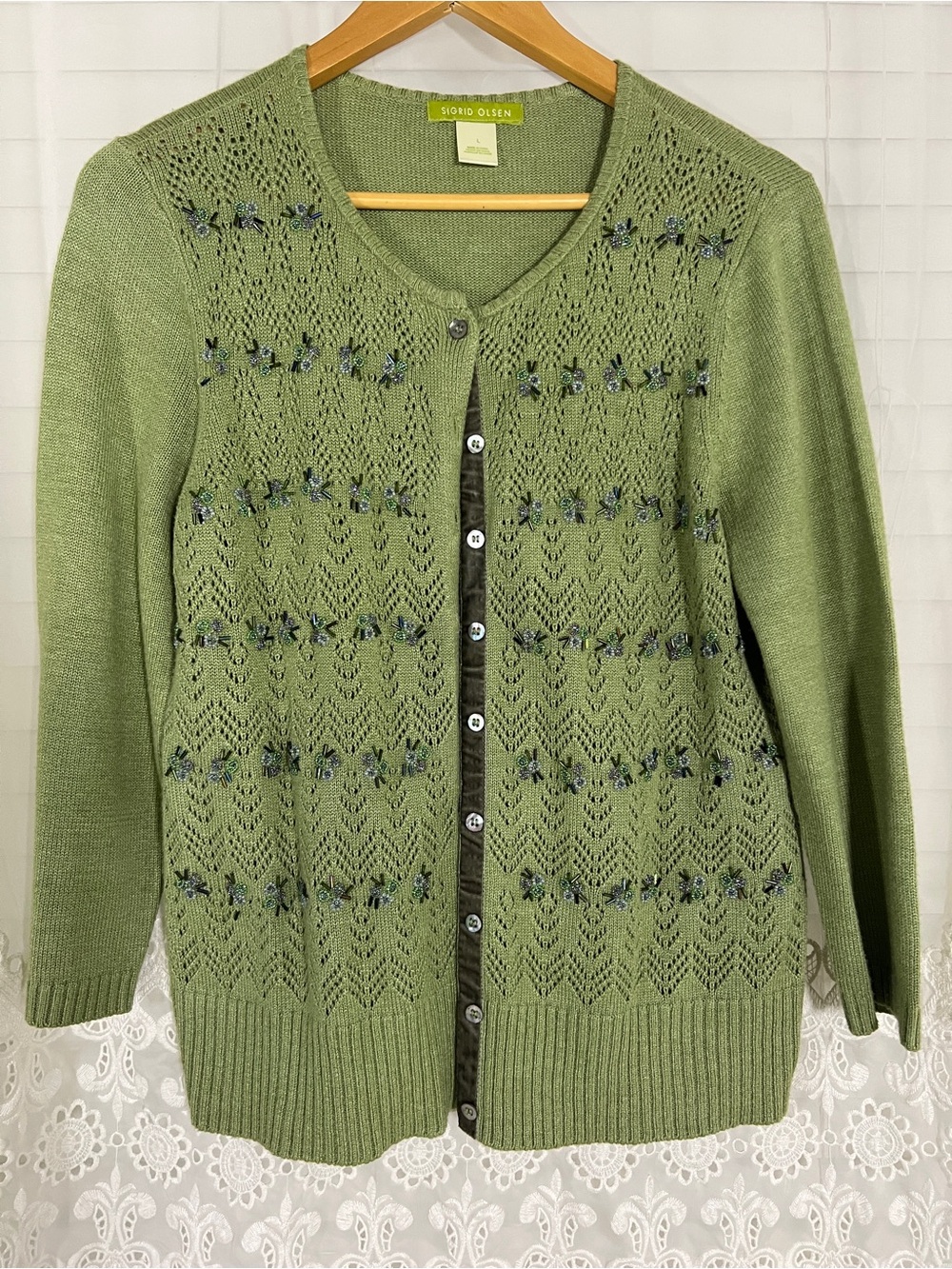 Sigrid Olsen Silk Vintage Y2K pointelle lace beaded teacher office soft cardigan